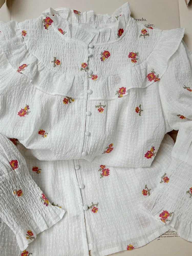 VILZSTUDIOS Ruffled Floral Print Lantern Sleeve Blouse