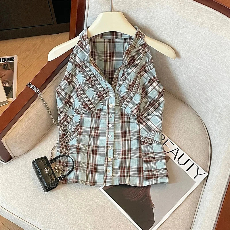 VILZSTUDIOS Retro Plaid Sleeveless V-Neck Shirt