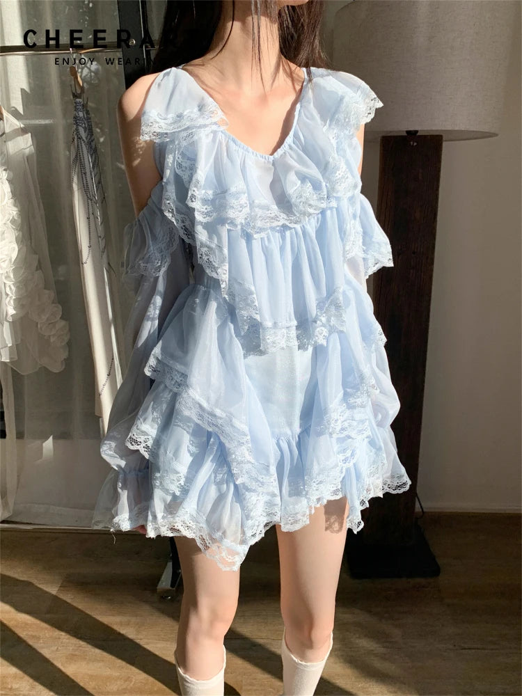 VILZSTUDIOS Luxury Blue Halter Ruffles Lace Dress