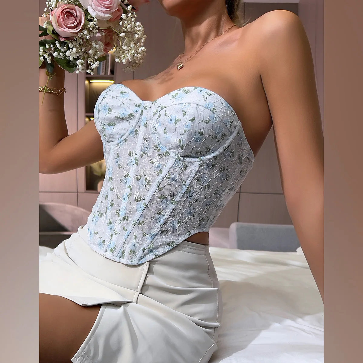 VILZSTUDIOS Floral Lace-Up Strapless Corset Crop