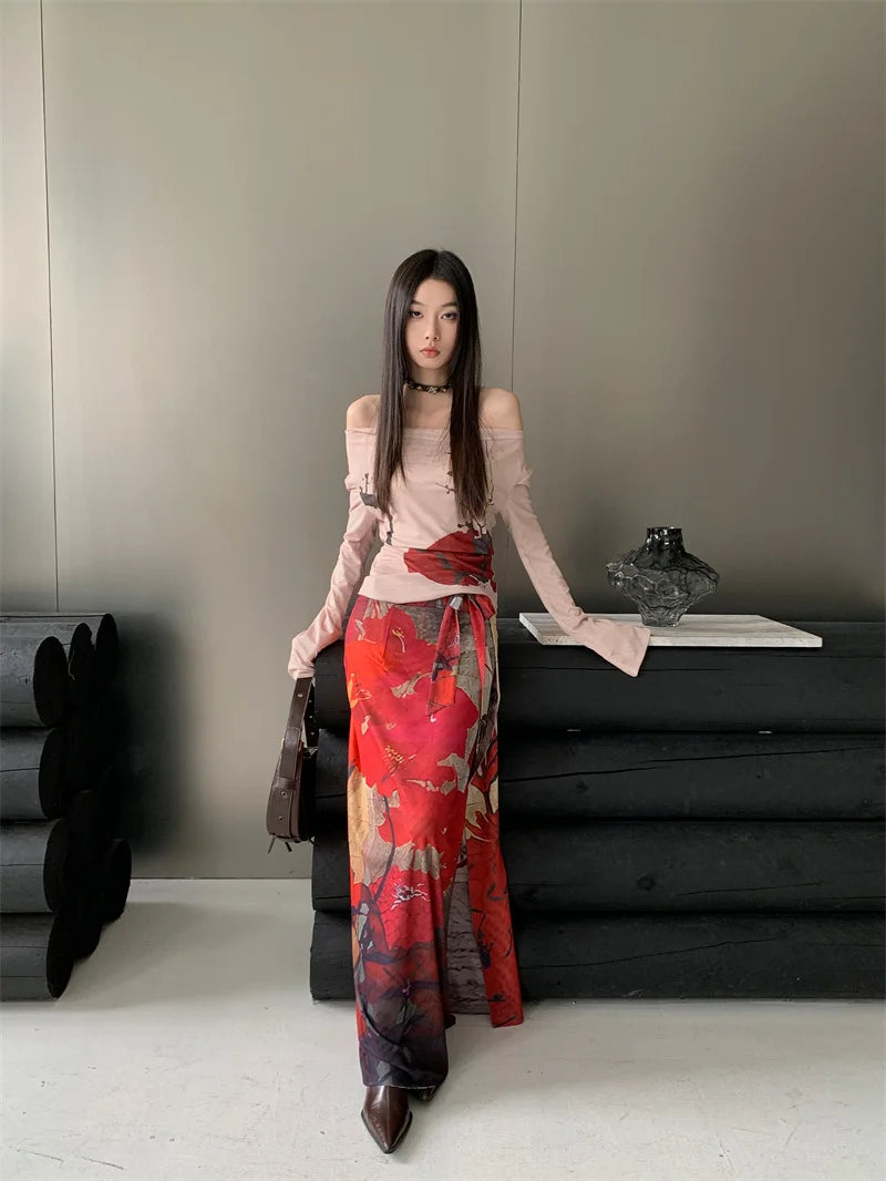 VILZSTUDIOS Luxury Vintage Red Mesh Lace-Up Maxi