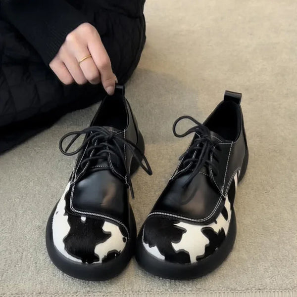 Cowhide Horse Hair Lace Up Loafers Shoes