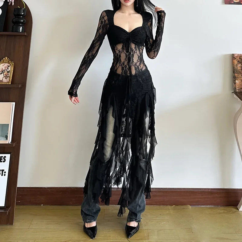 VILZSTUDIOS Sexy Mesh Lace Maxi Top with Ruffles