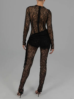 VILZSTUDIOS Black Lace Bandage Jumpsuit Long Sleeve