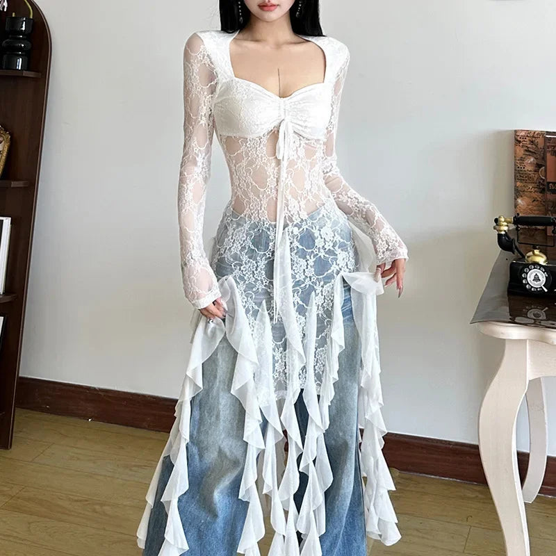 VILZSTUDIOS Sexy Mesh Lace Maxi Top with Ruffles