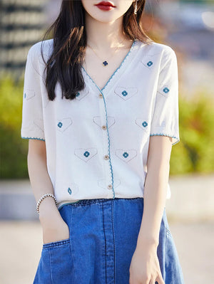 VILZSTUDIOS Embroidered Casual V-Neck Light Cardigan