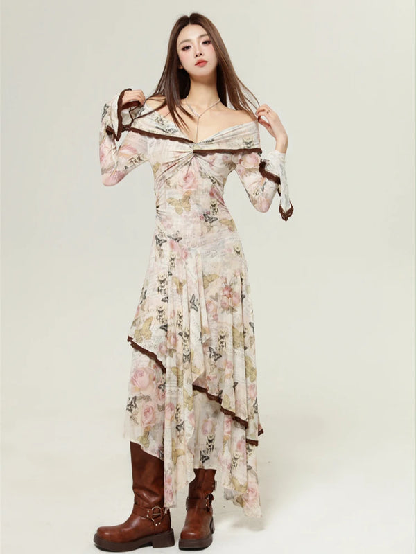 Elegant Floral Off-Shoulder Party Dress