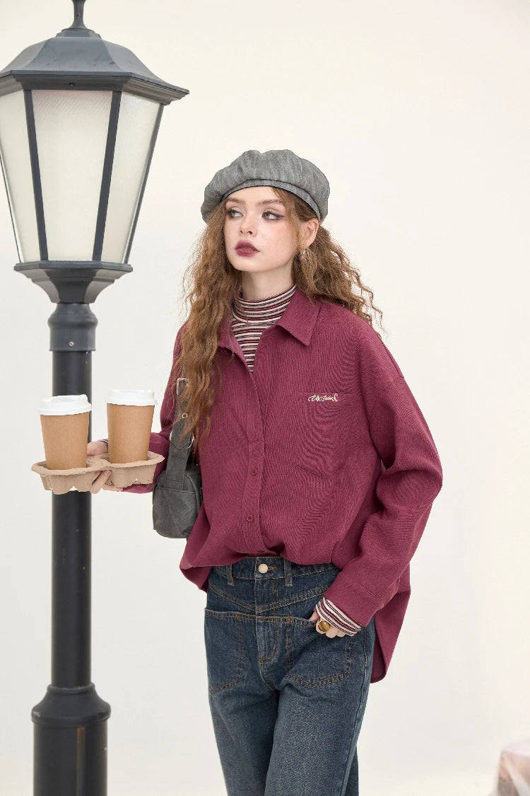 VILZSTUDIOS Velvet Red Embroidery Shirt
