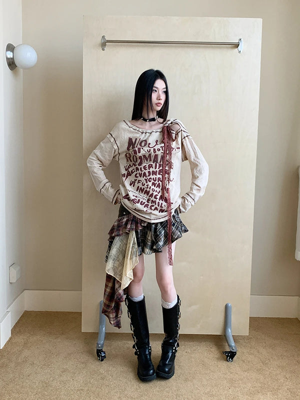 Beige Cut Out Letter Print Top