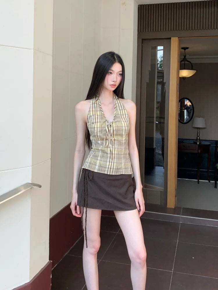 VILZSTUDIOS Yellow Plaid Backless Halter Top
