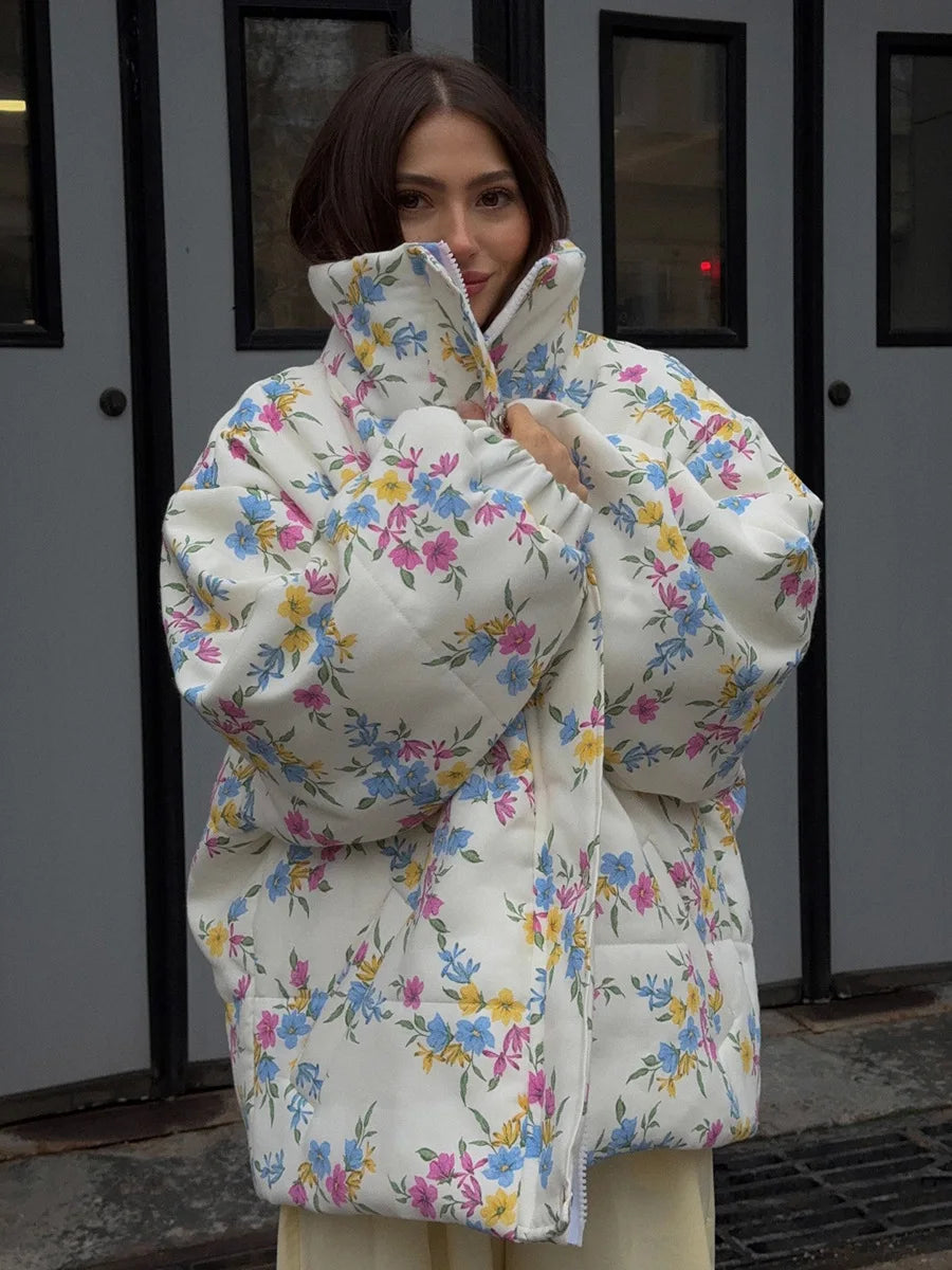 VILZSTUDIOS Cozy Floral Print Oversized Puffer Jacket