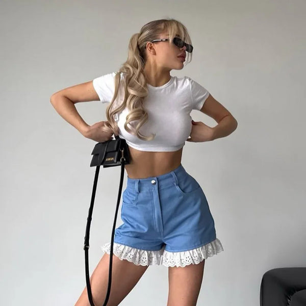 Blue High Waisted Lace Splicing Pants
