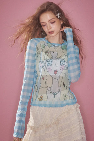 VILZSTUDIOS Checkered Cartoon Mesh Long Sleeve Top