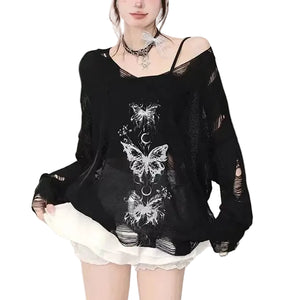 VILZSTUDIOS Graffiti Butterfly Hollow-out Knit Top