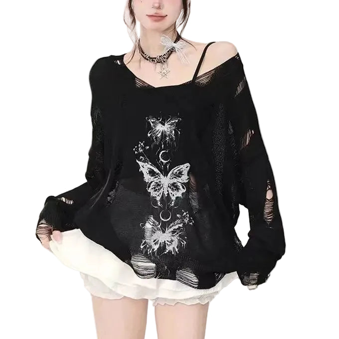 VILZSTUDIOS Graffiti Butterfly Hollow-out Knit Top