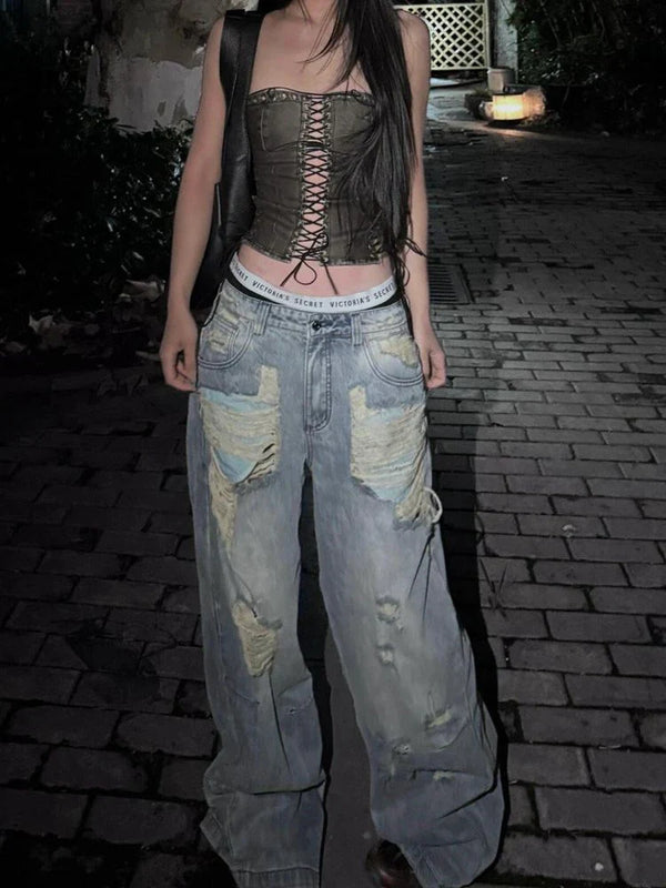 Vintage Blaue Distressed High Waist Jeans