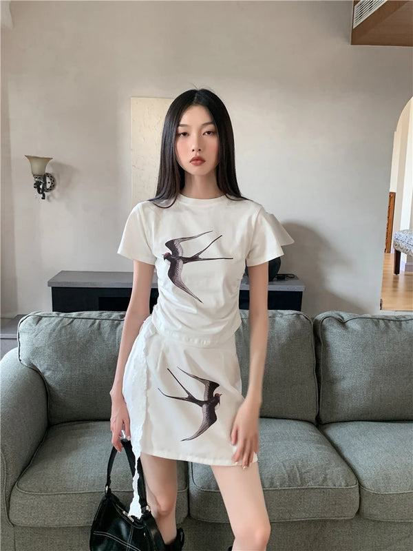 Swallow Print White 2-Piece Set Outfit