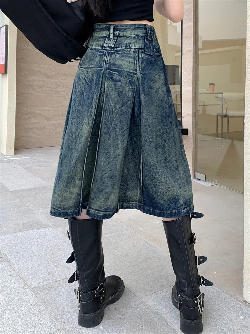 VILZSTUDIOS Vintage Aesthetic Pleated Denim Mini Skirt