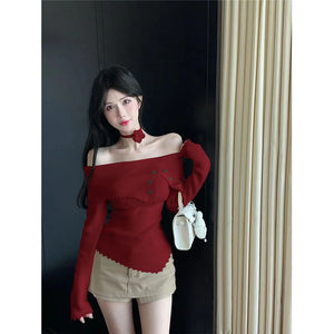 VILZSTUDIOS Chic Flower Knitwear Slash Neck Sweater