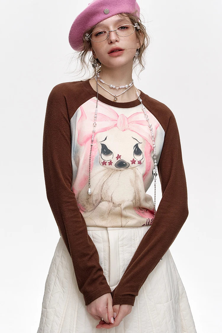 VILZSTUDIOS Cozy Rabbit Print Raglan T-Shirt