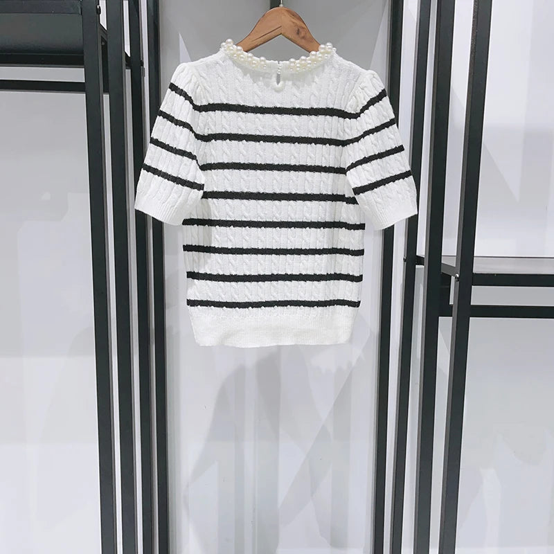 VILZSTUDIOS Striped Round Neck Knit Slim Sweater
