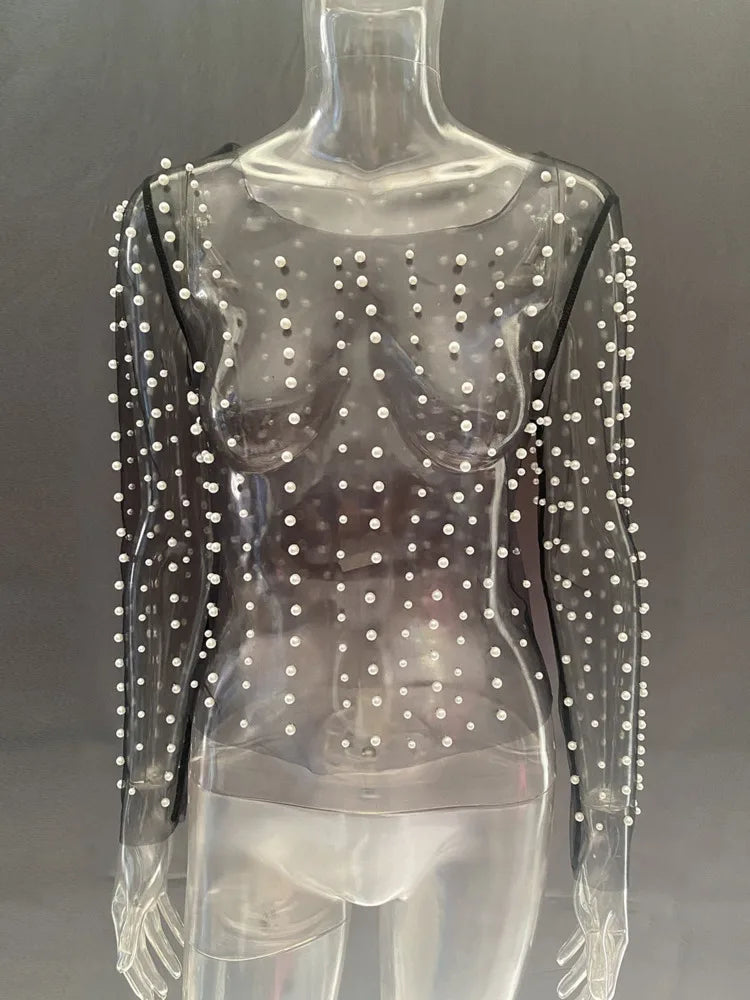 VILZSTUDIOS Stylish Pearl Mesh See-Through Long T-Shirt