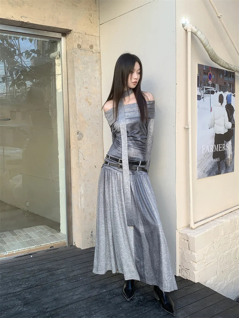 VILZSTUDIOS Grey Knitted Flare Sleeve Maxi Dress