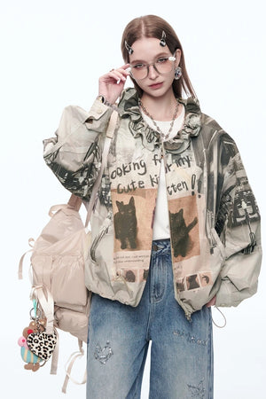 VILZSTUDIOS Retro Cats Print Loose Jacket