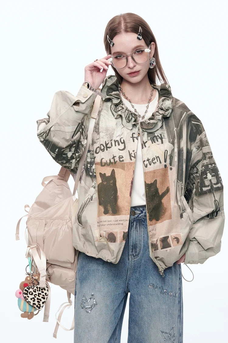 VILZSTUDIOS Retro Cats Print Loose Jacket