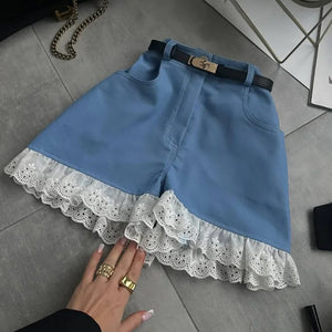 VILZSTUDIOS Blue High Waisted Lace Splicing Pants
