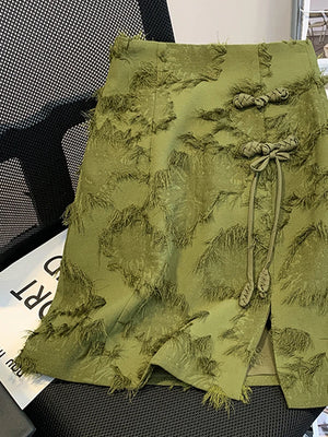 VILZSTUDIOS Elegant Green Chinese Style A-Line Skirt