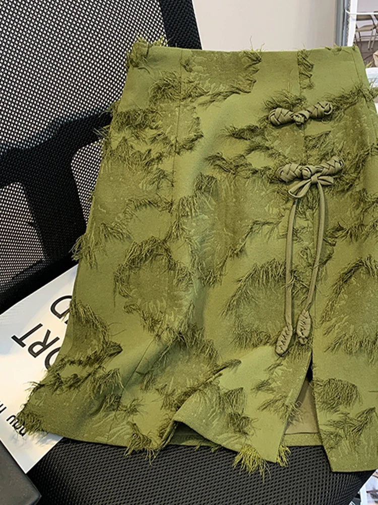 VILZSTUDIOS Elegant Green Chinese Style A-Line Skirt