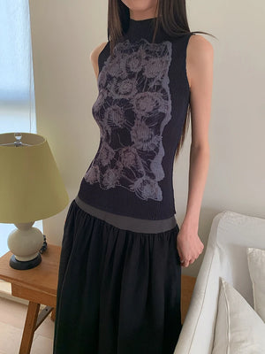 VILZSTUDIOS Floral Black Sleeveless Turtleneck Tank Top