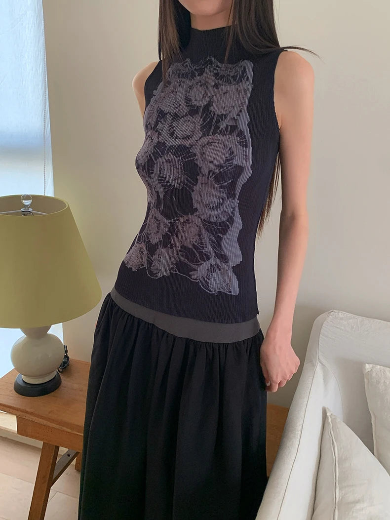 VILZSTUDIOS Floral Black Sleeveless Turtleneck Tank Top
