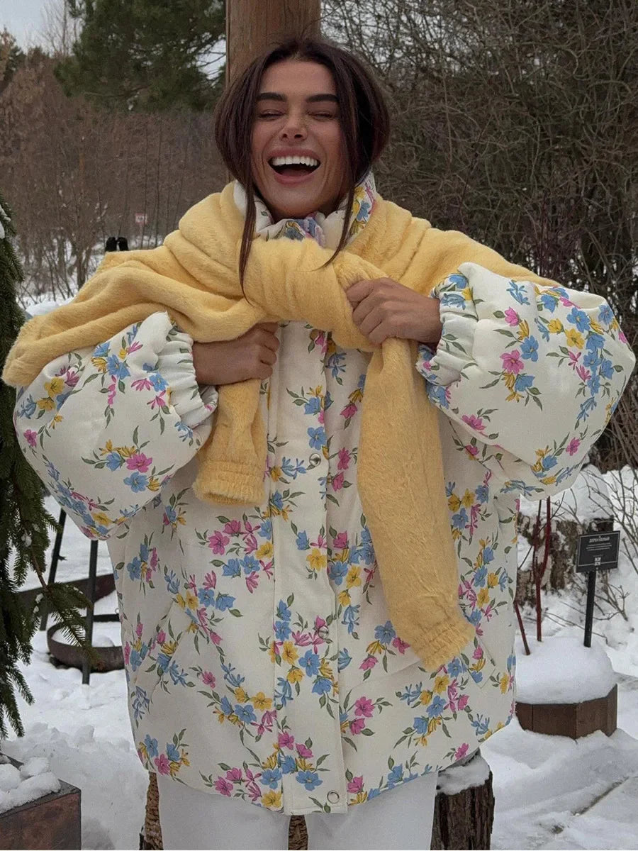 VILZSTUDIOS Cozy Floral Print Oversized Puffer Jacket