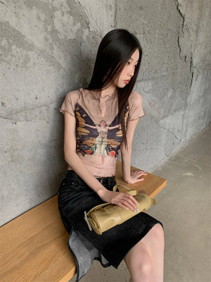 VILZSTUDIOS Butterfly Frill Mesh Graphic Crop Top