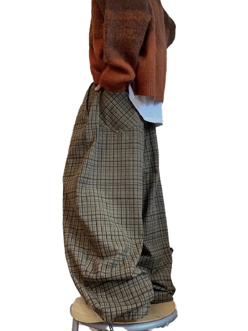 VILZSTUDIOS Stylish Oversized Plaid Wide Leg Pants