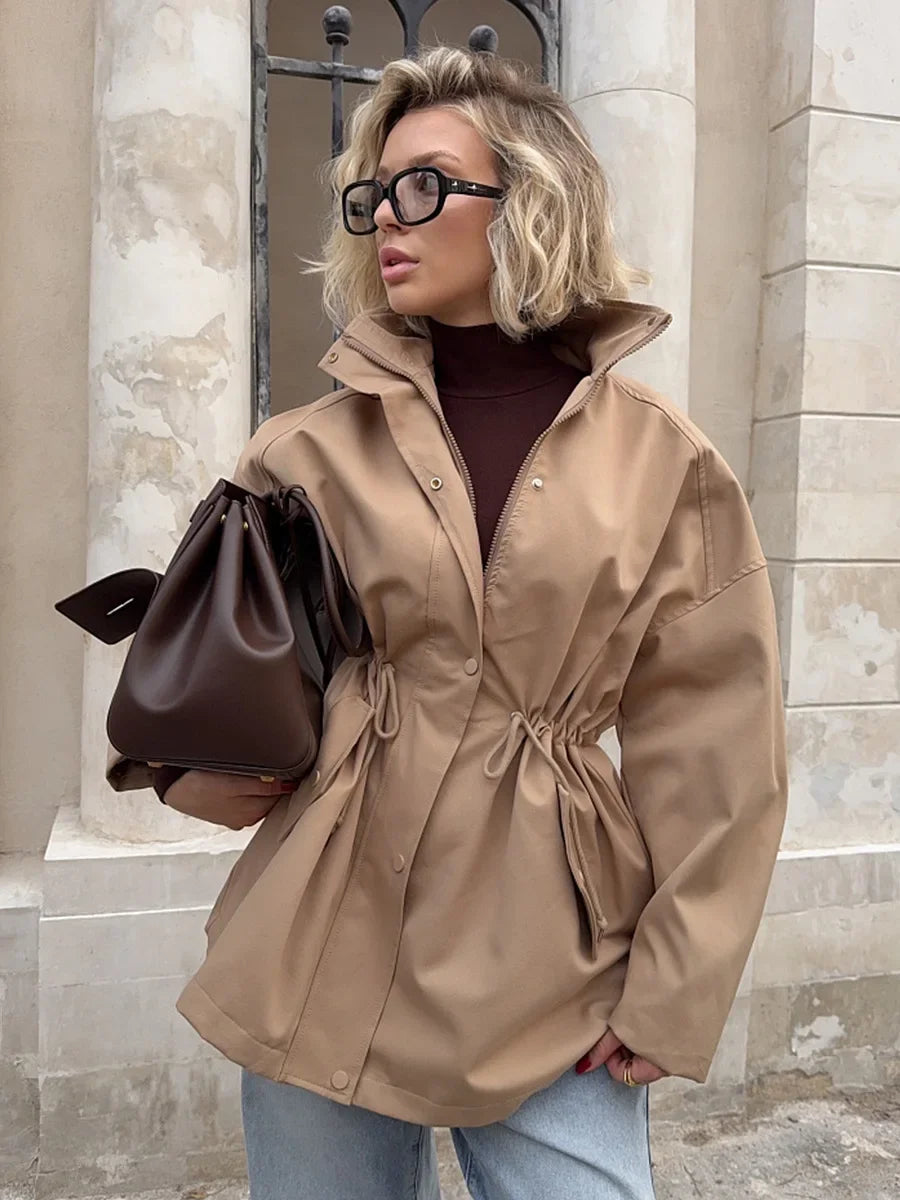 VILZSTUDIOS Stylish Stand Collar Mid-Length Trench Coat