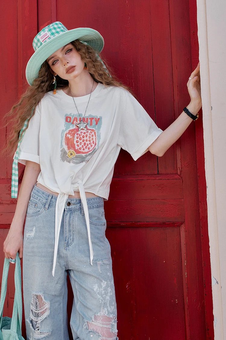 VILZSTUDIOS Fruit Printed Lace-Up Casual T-Shirt