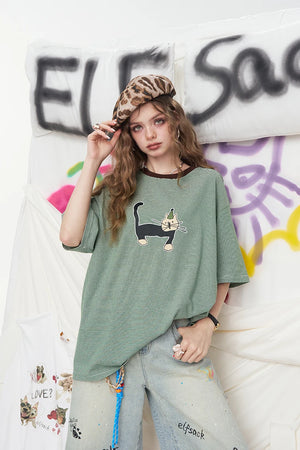 VILZSTUDIOS Casual Cat Printed T-Shirt