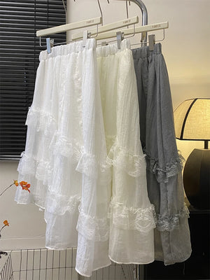 VILZSTUDIOS Gray Lace Patchwork High Waist Skirt