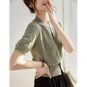VILZSTUDIOS Breathable Knit Short Sleeve Cardigan