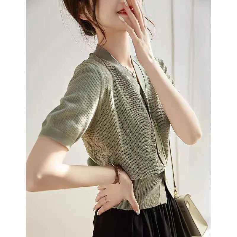 VILZSTUDIOS Breathable Knit Short Sleeve Cardigan