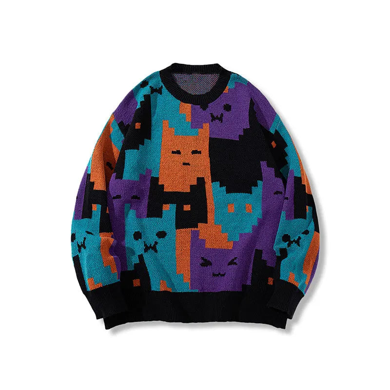 VILZSTUDIOS Vintage Oversize Pixelated Cartoon Cat Sweater