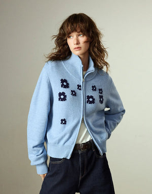 VILZSTUDIOS Flower Embroidered Zipped Cardigan