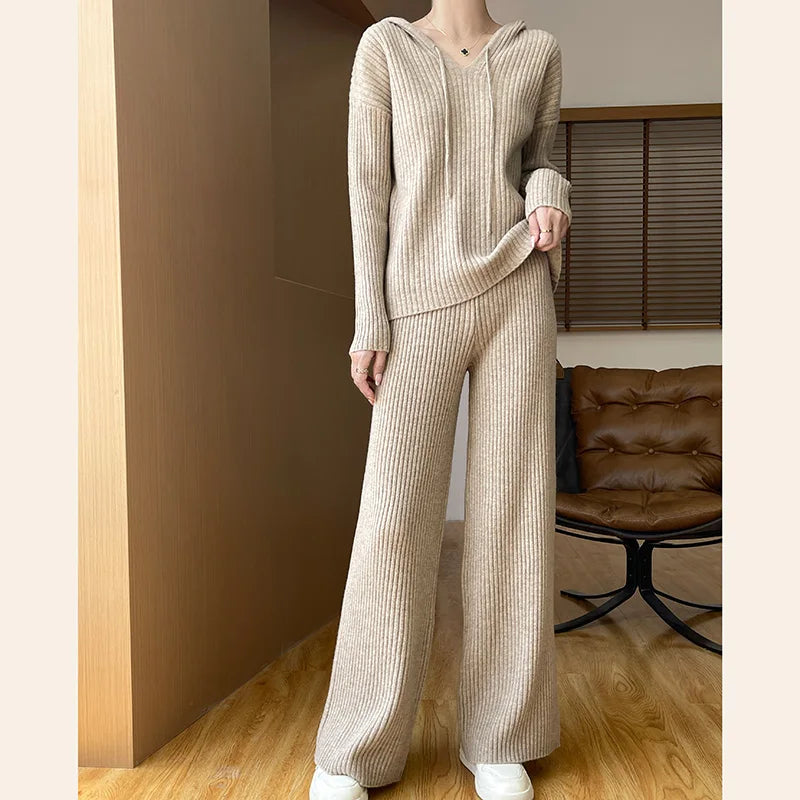 VILZSTUDIOS Cozy Knitted Wide Leg Pants & Hoodie Set