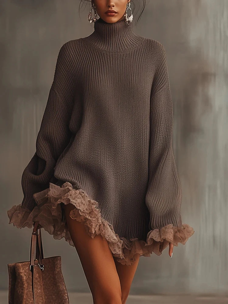 VILZSTUDIOS Elegant Knitted Ruffled Turtleneck Mini Dress