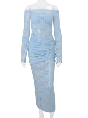 VILZSTUDIOS Blue Lace Off Shoulder Maxi Dress