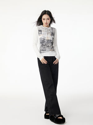 VILZSTUDIOS Vintage White Graphic Long Sleeve Top