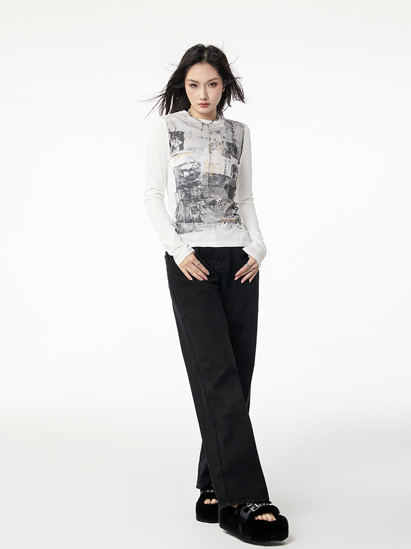 VILZSTUDIOS Vintage White Graphic Long Sleeve Top